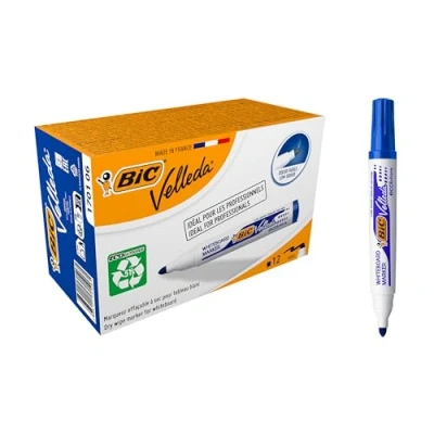 Image de BIC Velleda 1701 ECOlutions Feutres pour Tableau Blanc Effaçables à Sec Pointe Conique Grande Bleu, Boîte de 12