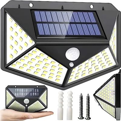 Image de Retoo Lampes solaires super lumineuses pour l&#039;extérieur avec détecteur de mouvement et 100 LED, IP65, lampe solaire mouvement, batterie 1800 mAh