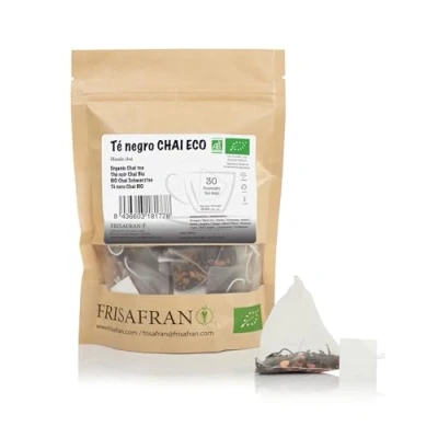 Image de FRISAFRAN thé noir chai en pyramide Bio 30 unités 60g Sachets Antioxydant et énergisant naturel décaféiné Détox sans additifs aux épices Mélange instantané
