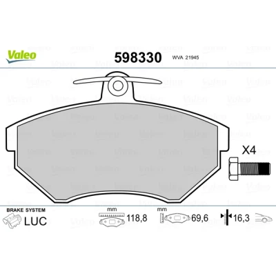 Image de VALEO 598330 Jeu de plaquettes frein Essieu avant contact signal d&#039;usure exclu avec kit vis fixation, sans tôle anti bruit