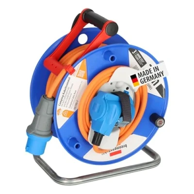 Image de Brennenstuhl Enrouleur de câble camping CEE 230 V 25 m (H07RN F 3G2,5, orange, raccord coudé avec prise combinée contact protection, pour une utilisation durable en extérieur, IP44,
