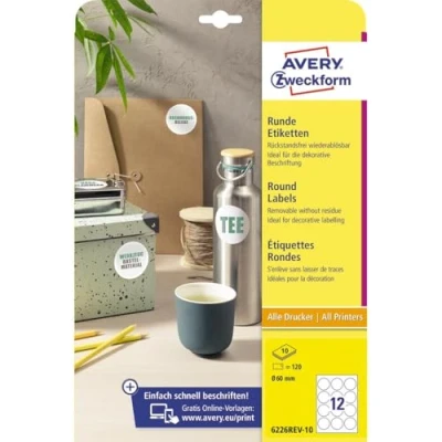Image de Avery Zweckform 6226REV 10 Étiquettes rondes (120 pastilles adhésives, Ø 60 mm sur A4, autocollants ronds à imprimer, amovibles/détachables sans laisser de traces) feuilles, blanc