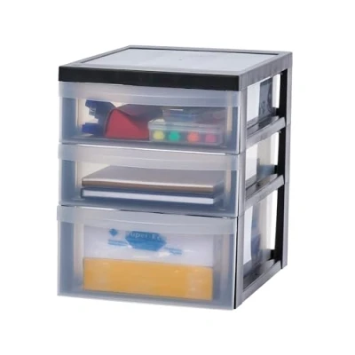 Image de Iris Ohyama, Tour de rangement plastique, 3 tiroirs Bureau dont2 7.5L et 1 11.25L, Poignée incrustrée, DC 221, Noir L29 x P40 H37 cm