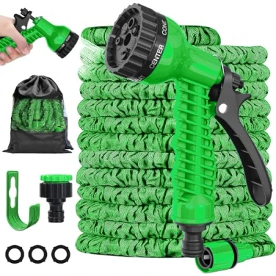 Image de LINGKY Tuyau d&#039;Arrosage Extensible, Arrosage Flexible avec 1/2&quot; et 3/4&quot; Adaptateurs, 7 Modes d&#039;Arrosage, pour Irrigation, Laver La Voiture, Baigner (15M,Vert)