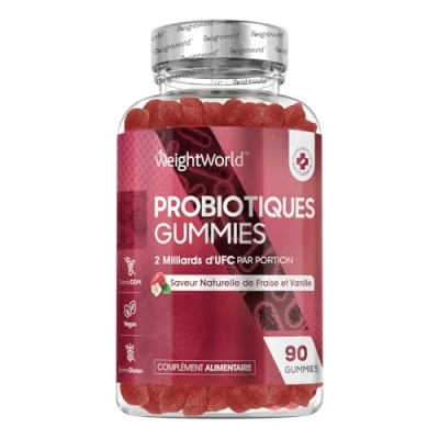 Image de Probiotiques Gummies 90 2 Milliards d&#039;UFC Goût Fraise &amp; Vanille Probiotique Flore Intestinale Inuline Bacillus Coagulans et Prébiotiques Transit Microbiote Intestinal