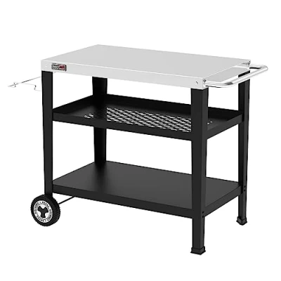 Image de Royal Gourmet Chariot de Service à 3 étages avec Porte Sac Poubelle en Acier Inoxydable Table d&#039;appoint d&#039;extérieur Plancha Barbecue roulettes Argenté Plan Travail