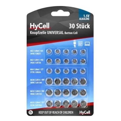 Image de HyCell Jeu économique de 30 piles bouton alcalines / 5 x pour chaque type R621, LR736, LR626, LR1130, 386A. LR1154 Idéal les clés voiture, appareils TAN, jouets, montres etc.