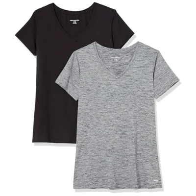 Image de Amazon Essentials T shirt Tech à manches courtes et col en V, extensible (disponible grande taille) Femme, Lot de 2, Gris Foncé Teinture Spatiale/Noir, XXL