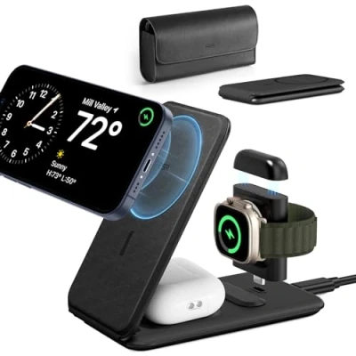 Image de ESR Chargeur de Voyage 3 en 1, Compatible avec MagSafe, Conçu pour Apple Watch Certifié, Station Charge Pliable Made for MagSafe et iPhone 15/14/13/12/AirPods Pro Adaptateur, Noir