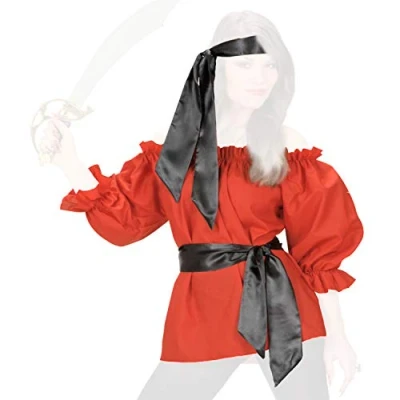 Image de com four® Ensemble de costumes pirate avec chemisier rouge et ceinture en satin noir pour déguisements, carnaval, Halloween, soirées à thème (Taille l&#039;ensemble costume M)