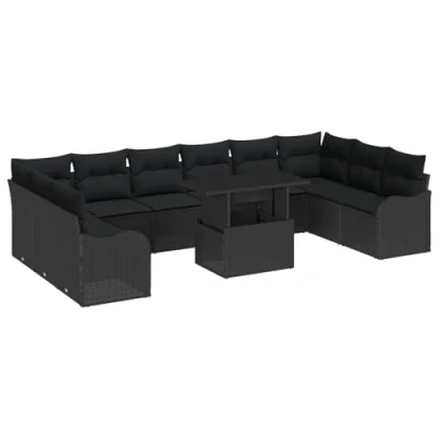 Image de Ensemble de Canapé jardin 11 pièces avec coussins en rotin poly noir vidaXL, deux places 3348539