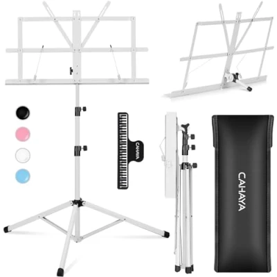 Image de CAHAYA Pupitre de Musique Pliable, Léger, Portable Support pour Partition et Porte livre à Double Usage 2 en 1 avec Sac Transport, Partitions Métal, Blanc