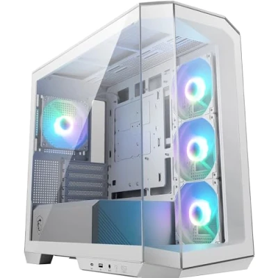Image de MSI MAG PANO M100R PZ White Boîtier PC Micro ATX, 4 x Ventilateurs ARGB 120 mm (3 à pâles inversées), hub de contrôle ARGB, Support pour Carte Graphique, filtres poussière, USB Type C (20 GB/s)