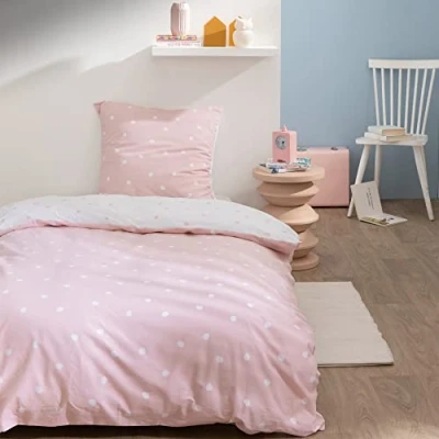 Image de MATT &amp; Rose Parure de Lit Enfant Imprimé réversible Fille Pink Spots 1 Housse Couette 140x200 cm + taie d&#039;oreiller 63x63 100% Coton