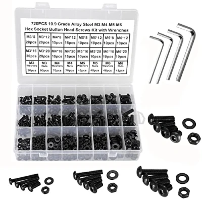 Image de FandWay 720 Pièces Vis à Tête Hexagonale, Six Pans Creux,Vis Bombée M3/M4/M5/M6, Métaux en Acier allié de qualité 10,9 Noir, Boulons et écrous Rondelles Avec 4 Clés Hexagonales.