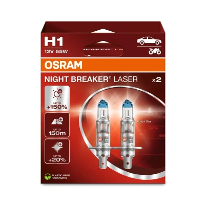 Image de OSRAM NIGHT BREAKER LASER H1, 150% de luminosité en plus, lampe phare halogène, 64150NL 2HB, 12V, Boîte pliante suspendue (2 lampes), white