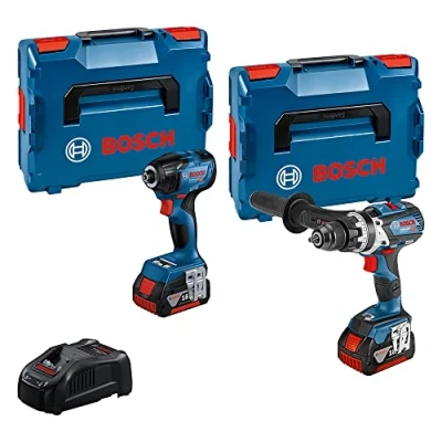 Image de Bosch Professional Kit combiné 18 V : perceuse visseuse à percussion GSB 18V 110 C + rotative GDR 210 (avec 2 batteries de 5,0 Ah, chargeur GAL 1880 CV, L BOXX)