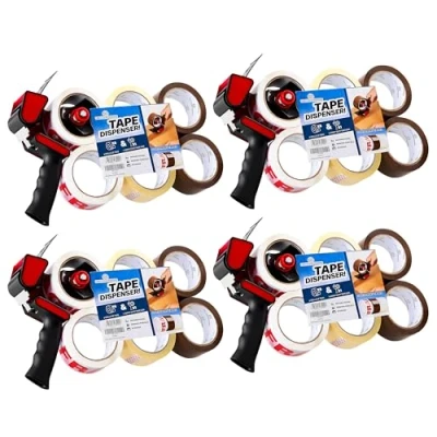 Image de Ruban Adhésif d&#039;Emballage Kit Dévidoir et 6 Rouleaux Rubans Adhésifs Marron Transparent Fragile pour Cartons Déménagement Colis (Dévidoir Pistolet Mix, Lot de 4)