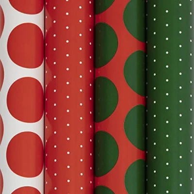 Image de Clairefontaine 202051AMZC Un Carton De 10 Rouleaux Papier Cadeau Excellia 80g Dimensions : 5x0,70m Motif Noël, Pois, Rouge, Blanc, Vert Emballage