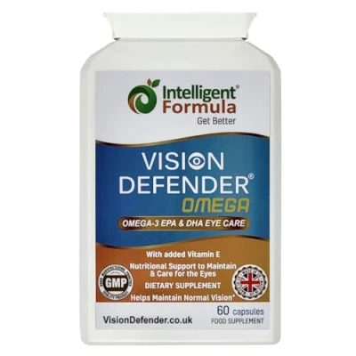 Image de VISION DEFENDER Omega Supplément Oculaire: Oeil Sec/Soin des Yeux. Super Extra Puissance 1000mg de Pure Huile Poisson Riche en 3 (400mg EPA, 200mg DHA par capsules)+Vitamine E (60 gélules)