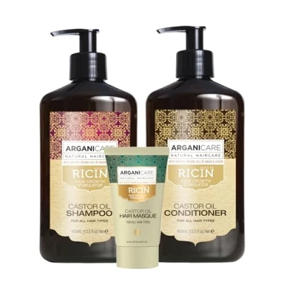 Image de ARGANICARE Gamme Ricin Shampoing Accélérateur de croissance 400 ml + Après reconstructeur Masque 50 A l’huile Bio Nourrit Renforce Tous types cheveux
