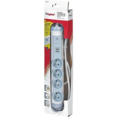Image de Legrand 050390 Rallonge MultiPrise 4 Prise, 2 Modules de Charge USB 2.4A, Courant 2P+T, 16A, 230V, Blanc et Gris