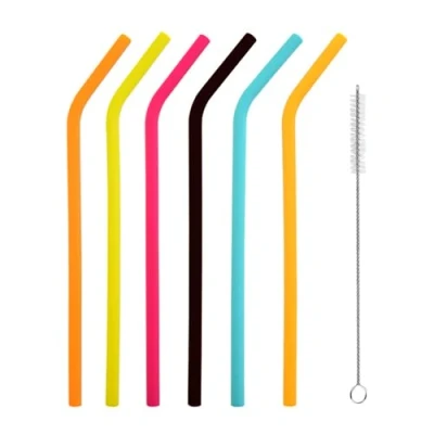 Image de iJiGui 6 Pièces Pailles en Silicone à Boire Réutilisables Colorées, avec Brosse de Nettoyage, Paille pour Bubble Tea Juice et Soda (Coude)