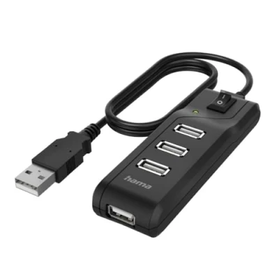 Image de Hama Hub USB multiport Data (4 ports, 2.0, Vitesse de Transfert Données 480 Mbit/s, Interrupteur Marche/Arrêt, Témoin fonctionnement à LED,Garantie 10 ans,Plug et Play,Compact, Robuste) Noir