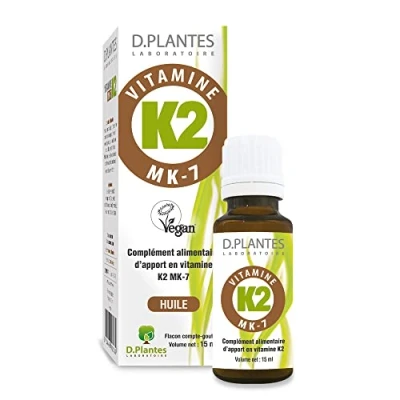 Image de D.PLANTES Vitamine K2 MK7 Complément Alimentaire Ossature Normale, Coagulation Sanguine Origine Végétale Certifiée Vegan 15 ml