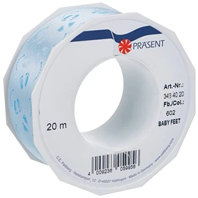Image de Prasent Bobine de Ruban à Face satinée Motif Pied bébé Bleu Clair 40 mm 20 m