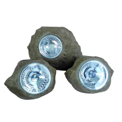 Image de Lot de 3 rochers solaires jardin à poser LUMISKY ROCKY BROWN 14 et 9 cm Balisage LED blanc