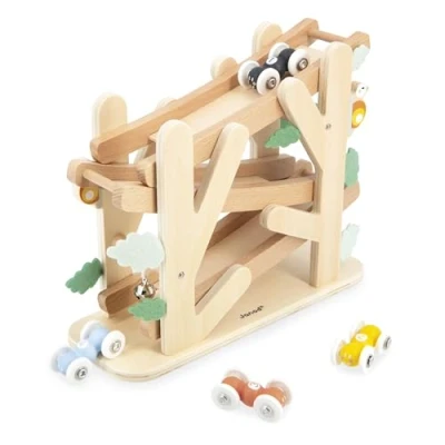 Image de Janod Descendeur en Bois sur 3 Niveaux Toboggan des Fourmis avec 4 Voitures incluses Jouet d&#039;Eveil et Premier Âge Apprentissage Motricité Fine Dès 1 An J04038, Multicolore