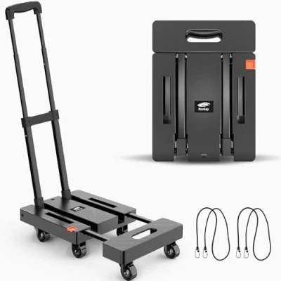 Image de Ronlap Diable Pliant, Chariot à Main Pliable 6 Roues avec 2 Cordes élastiques, Bagages Robuste Portable d&#039;une capacité de 225 kg, pour Transporter des Bagages, Noir