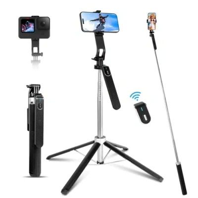 Image de Perche a Selfie 180cm, Romon Stick Quad Tripod, Rotation à 360, trépied Extensible en Aluminium pour téléphone Portable avec BT, Compatible iPhone Android Phone, Camera