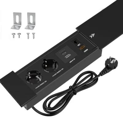Image de CHENGPI Coulissant Couvercle Prise de Bureau,Prise Encastrable avec 2 Prises,1 USB,1 Type C,Interface Réseau HDMI TD,Aluminium Multiprise Electrique pour Bureau Cuisine Bureau,1,8m Câble