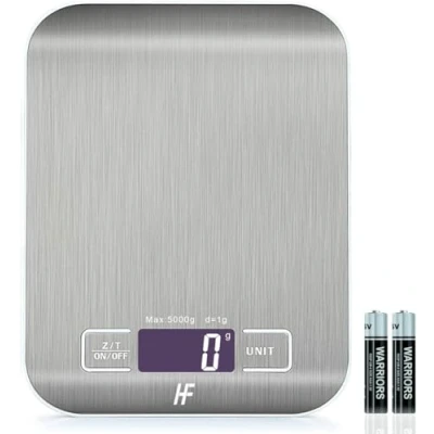 Image de HomeFashion Balance de Cuisine Électronique Haute Précision 5000g/1g avec Écran LCD Rétroéclairé, 6 Unités et Fonction Tare Acier Inoxydable, Piles incluses