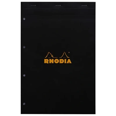 Image de RHODIA 202009C Bloc Notes Agrafé N20 Black A4+ 21 x 31,8 cm Petits Carreaux 80 Feuillets Détachables Perforation 4 Trous Papier Clairefontaine Blanc g/m² Couverture en Carte Enduite