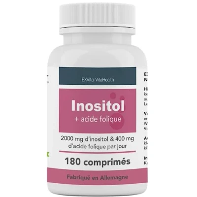 Image de Inositol, idéalement combiné avec de l&#039;acide folique, 180 comprimés, myo inositol pur, hautement dosé : 2000 mg d&#039;inositol &amp; 400 μg d&#039;acide folique par jour, vitamines B8, végétalien sans additif