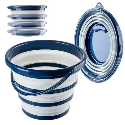 Image de KADAX seau pliable en silicone de 10 l, nettoyage plastique, ménager compact et pliable, à eau peu encombrant avec poignée confortable (10 bleu foncé/blanc)