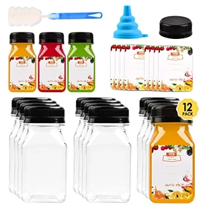 Image de Lot de 12 mini bouteilles jus en plastique 118 ml avec bouchons pour et smoothies, transparentes vides réutilisables étiquette, entonnoir brosse, lait, eau