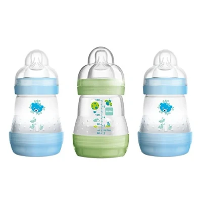 Image de MAM Easy Start Self Sterilising Anti Colic Baby Bottle 3 Pack (3 x160 ml) with Slow Flow Teats Size 1, Newborn Essentials, Blue (Designs May Vary)