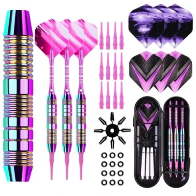 Image de Flechette Pointe Plastique, Set de 3 Plechettes pour Cible Electronique, 21g Professionnel Fléchettes Souples avec 30 Pointes et Anneaux en Caoutchouc