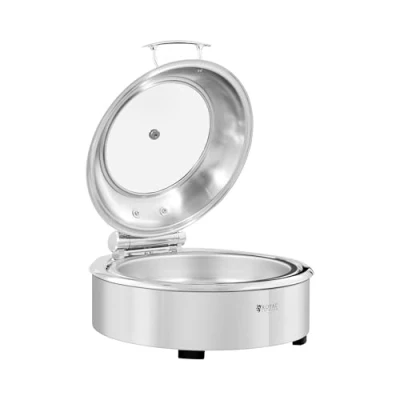 Image de Royal Catering RCCD RT7_6L Chafing Dish Professionnel À Fond Plat Rond (Acier Inoxydable, Verre trempé, 5,5 l, Dimensions du récipient : Φ 390 x 65 mm, Poignée Cool Touch, hublot)