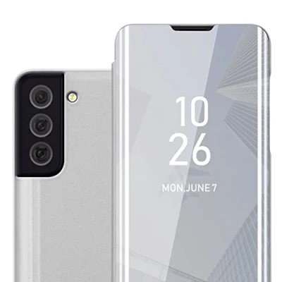 Image de Coque pour Samsung Galaxy S22 en AGATE ARGENT Clear View Housse de Protection Étui miroir avec fonction support à 360 degrés Neuf