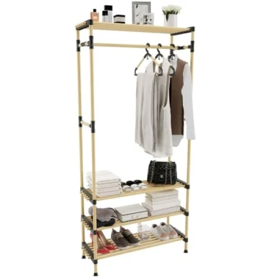 Image de BAKAJI porte manteau structure en bois naturel avec banc à chaussures 4 étagères, support cintre, design moderne, dimensions 76 x 28 165 cm