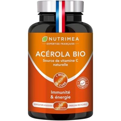 Image de ACEROLA BIO Naturelle Fortement Concentrée en Vitamine C Réduit la Fatigue, Protège du Stress Oxydatif &amp; Renforce le Système Immunitaire 30 Comprimés Vegan Nutrimea Fabrication Française