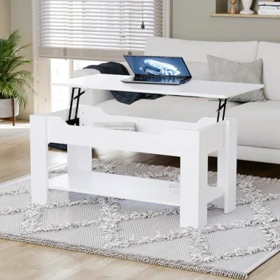 Image de Vida Designs Table Basse relevable avec Grand Compartiment de Rangement caché et étagère, H 48 60 x l 100 cm (Blanc)