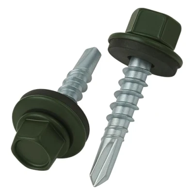 Image de 4.8 mm x 25 vis de toiture, tête hexagonale autoperceuse colorée (RAL 6020 Vert oxyde chromique) avec rondelle scellée en EPDM, à gros filets trempés zingués antirouille (50 pièces)