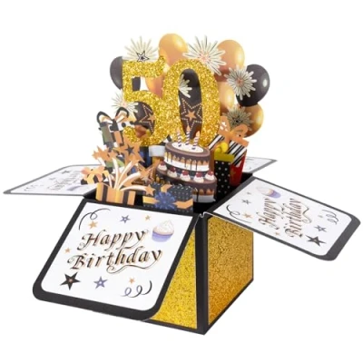 Image de Carte de 50ans Anniversaire Pop up 3D Voeux Doré Joyeux Cadeau avec Enveloppe pour