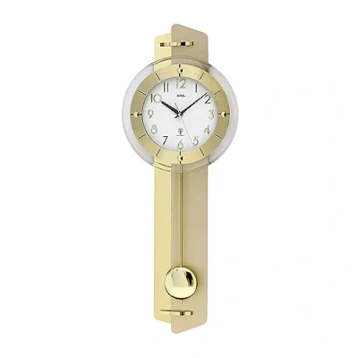 Image de AMS. Horloge murale à pendule 5267, radio pilotée, dorée, boîtier en bois avec application laiton, verre minéral, fabriquée Allemagne